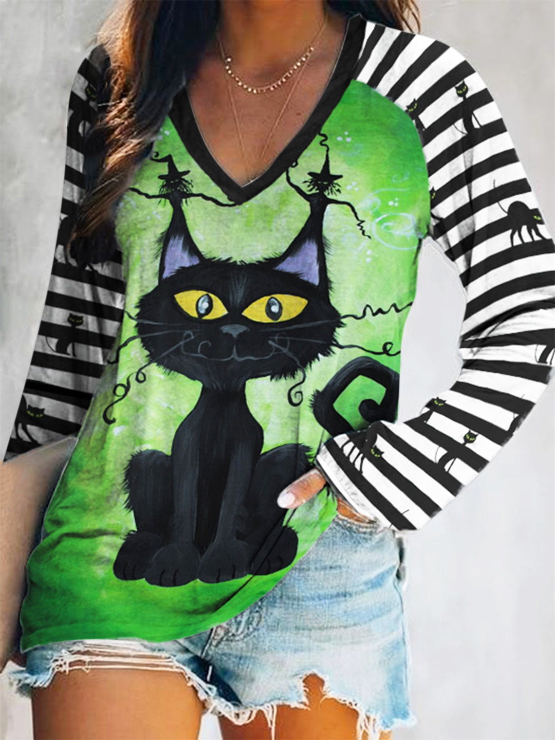 Fun Black Cat Stripe Print V-Neck Long Sleeve T-Shirt