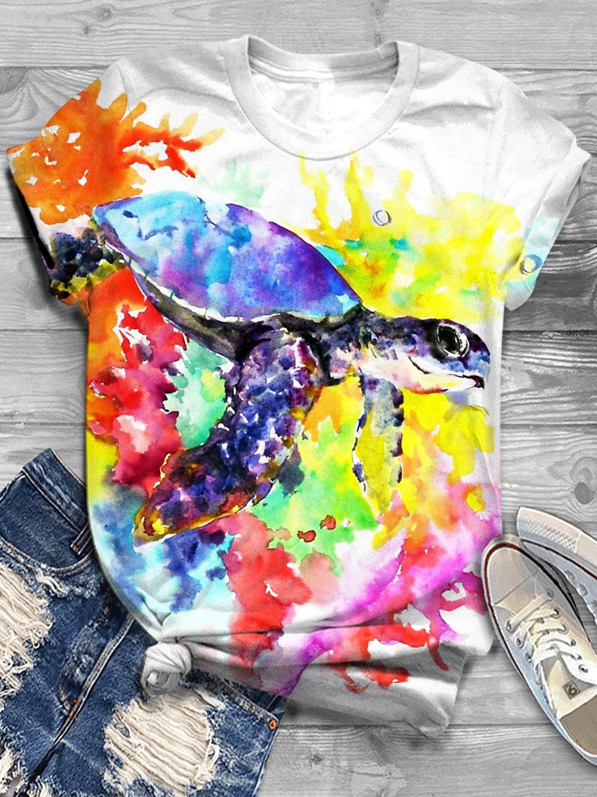 Sea Turtle Watercolor Art Crew Neck T-shirt