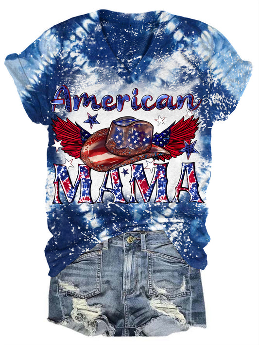 Mother's Day Western America Tie Dye V-Neck Short Sleeve T-Shirt