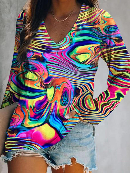 Abstract Print V-Neck Top