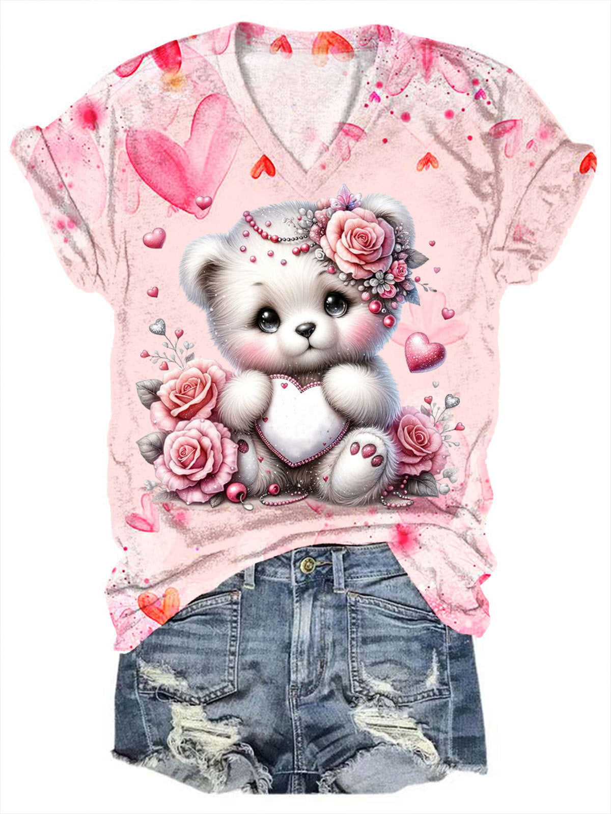 Rose Floral Bear Print V-Neck Top