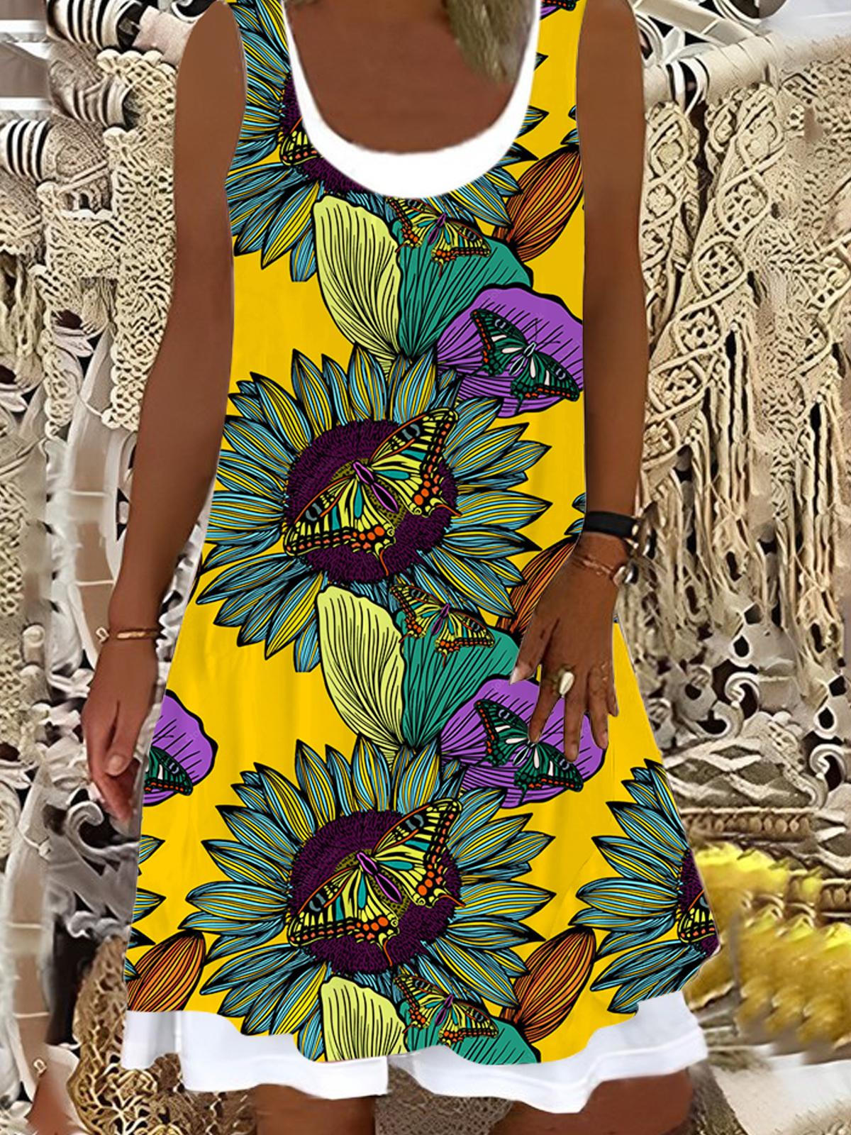 Sunflower Butterfly Art Ladies False Two Dress