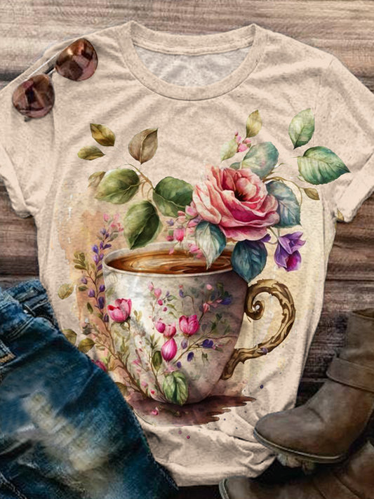 Floral Coffee Cup Print Casual T-Shirt