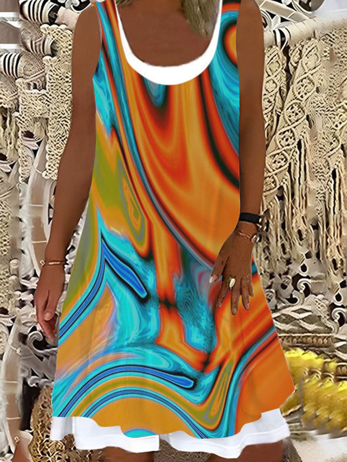 Abstract Turquoise Orange Swirls Ladies Splicing Dress