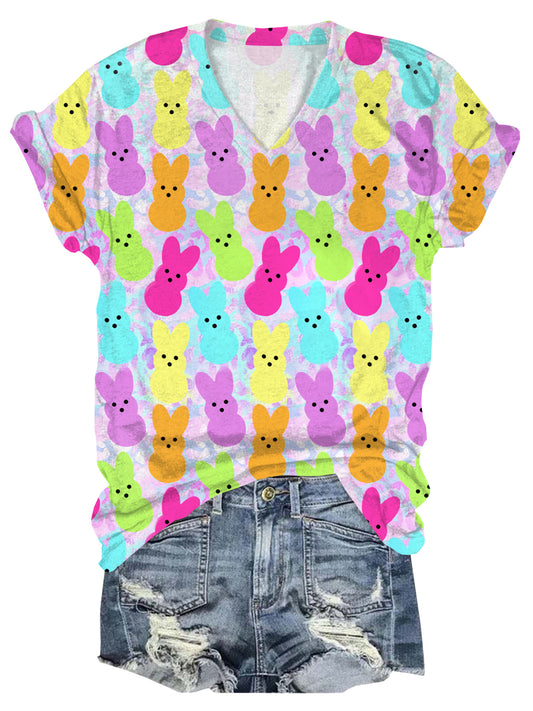 Pastel Easter Bunny Peeps Print V-Neck Short Sleeve T-Shirt