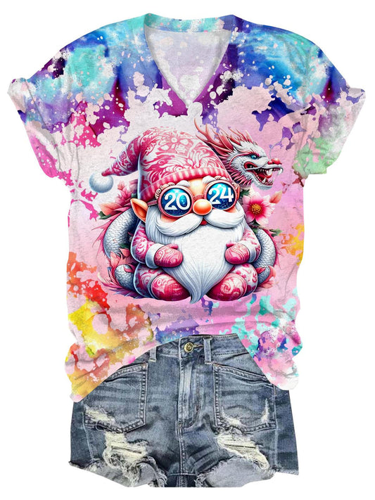 Gnome Dragon Print V-Neck Short Sleeve T-Shirt