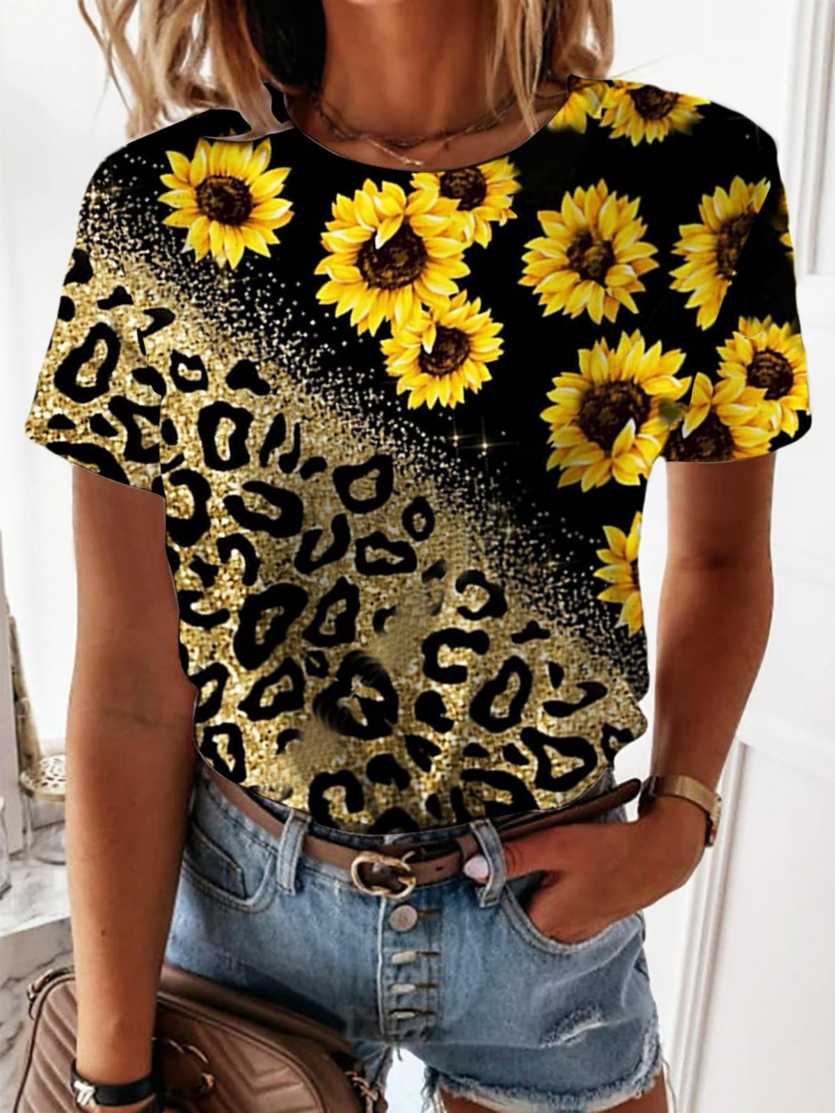 Women's Leopard Sunflower Print T-shirt