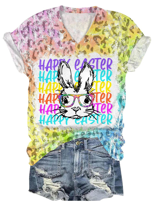 Easter Day Bunny Print V-Neck Short Sleeve T-Shirt