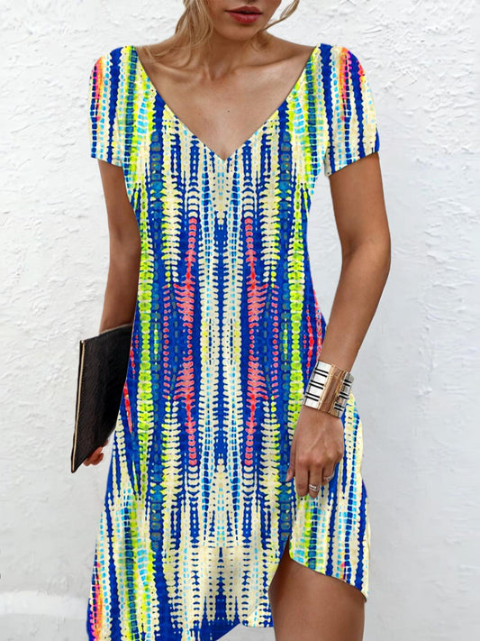 Abstract Line V Neck Short Sleeve Dress