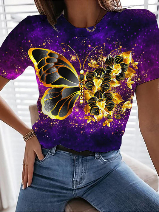 Black and Gold Butterfly Print Crew Neck T-shirt