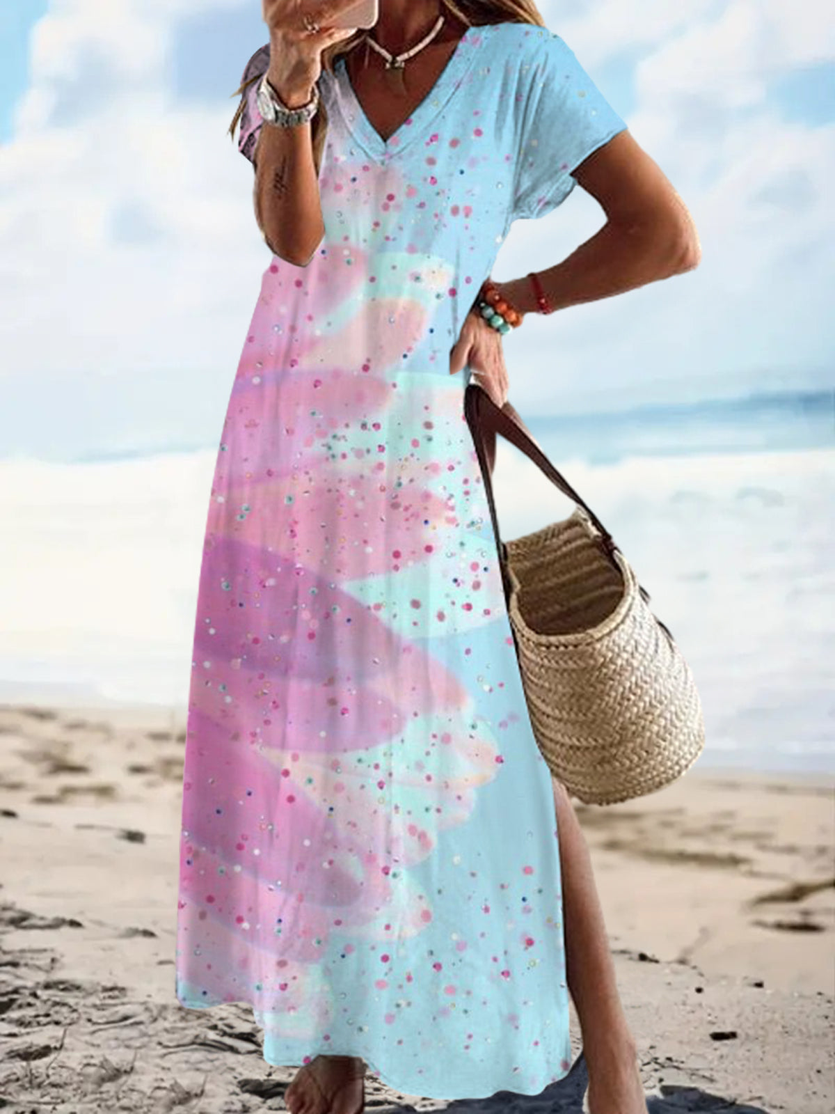 Floral Print Short Sleeve V Neck Maxi Dress