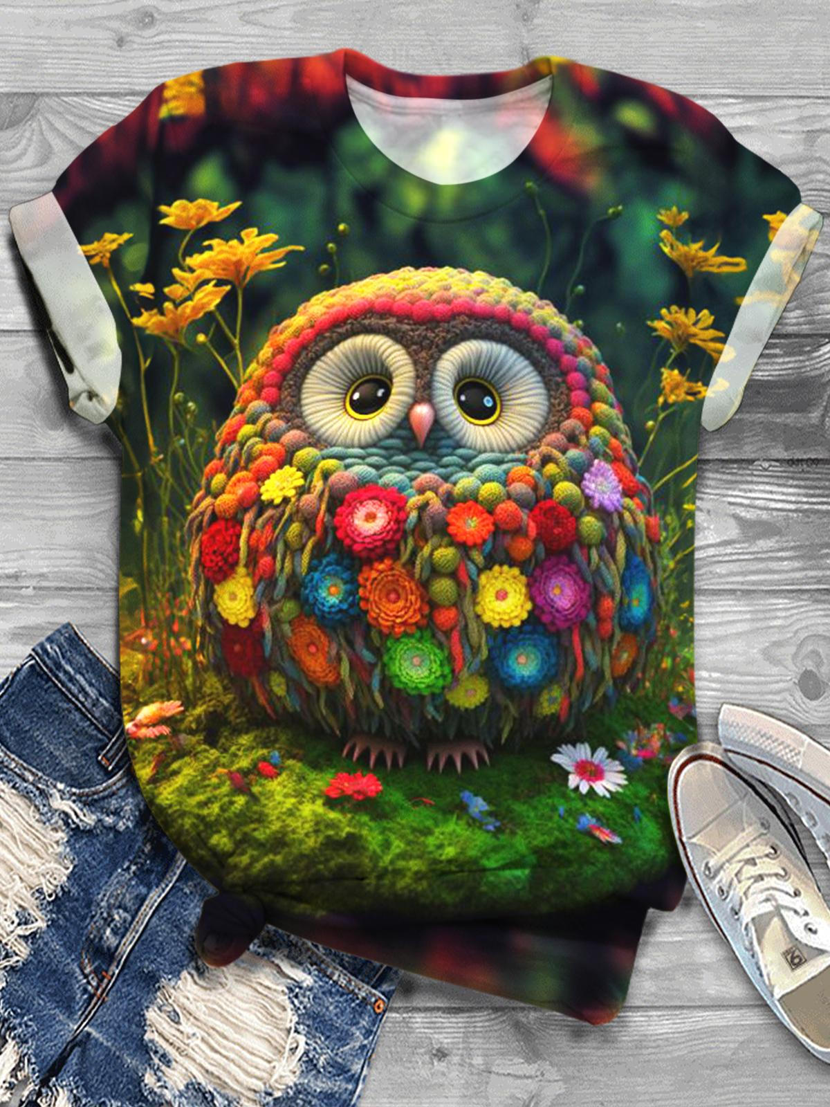 Women's Funny Floral Owl Print Short Sleeve Top