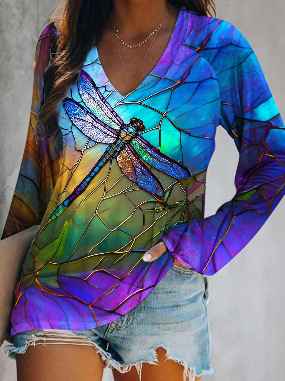 Women's Dragonfly Print V Neck Long Sleeve Top