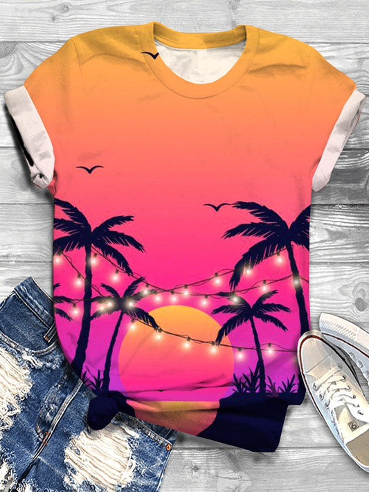 Tropical Beach Sunset Crew Neck T-shirt