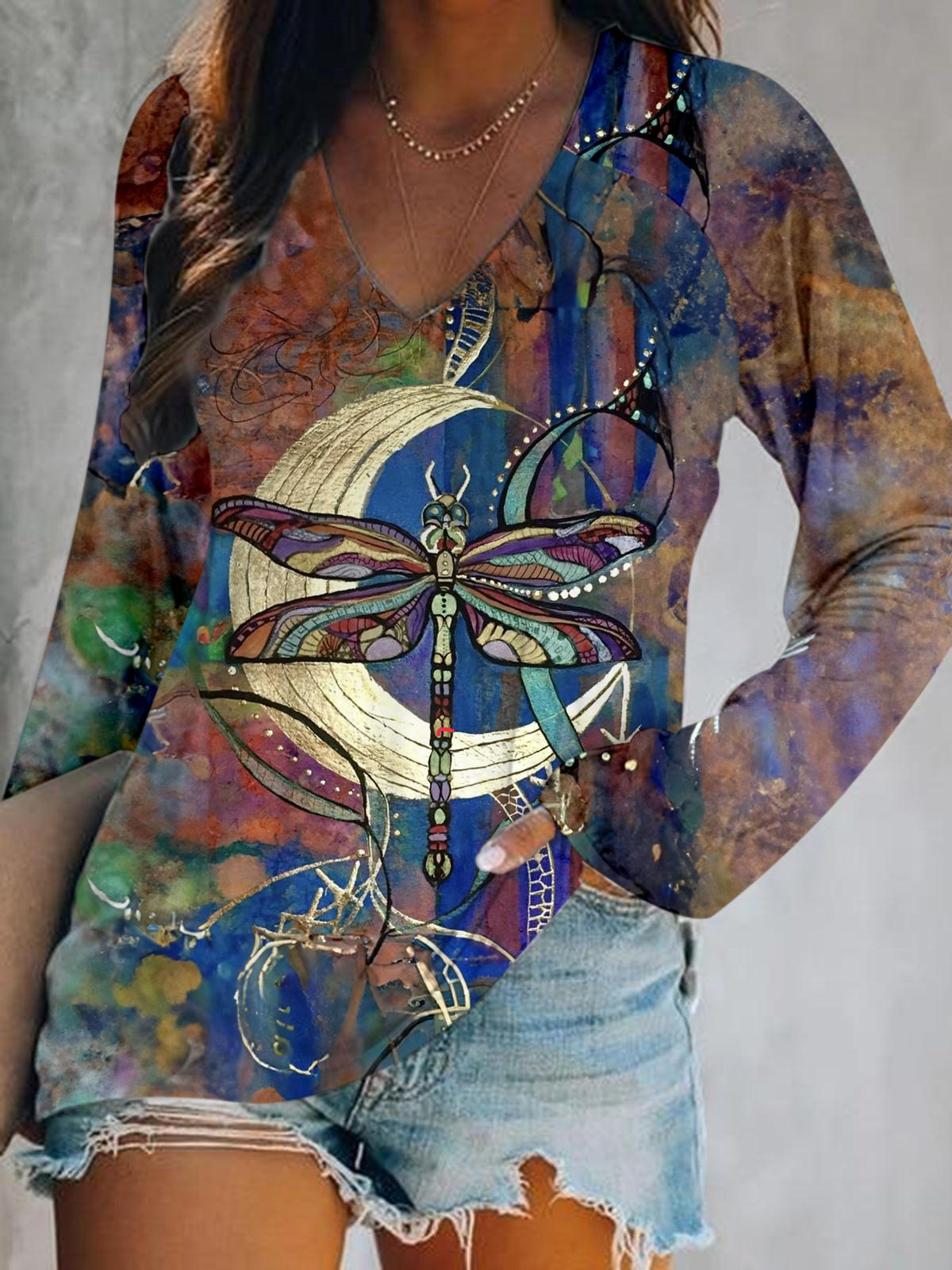 Dragonfly Art Print V-Neck Long Sleeve Top