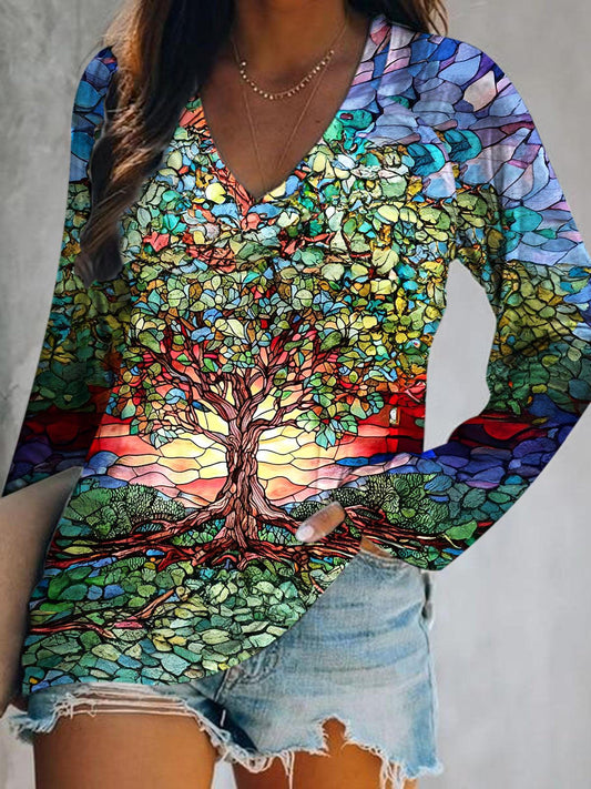Tree of Life Print V-Neck Long Sleeve Top