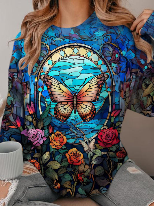 Stained Glass Floral Butterfly Long Sleeve Top