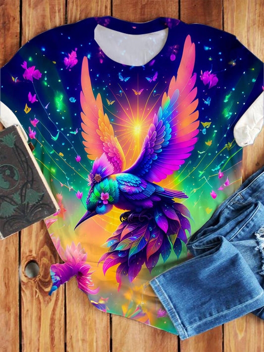 Purple Flower Hummingbird Print Crew Neck T-shirt