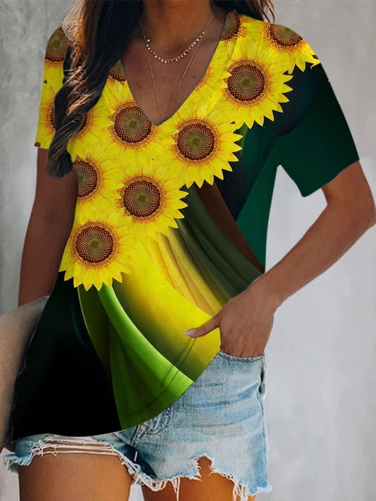 Sunflower Abstract line Short Sleeve V Neck Print Top