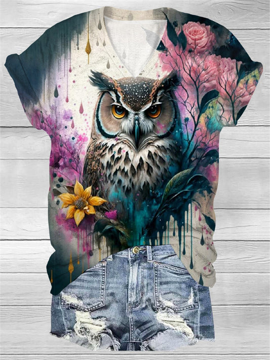 Women's Owl Art Print V-Neck T-Shirt