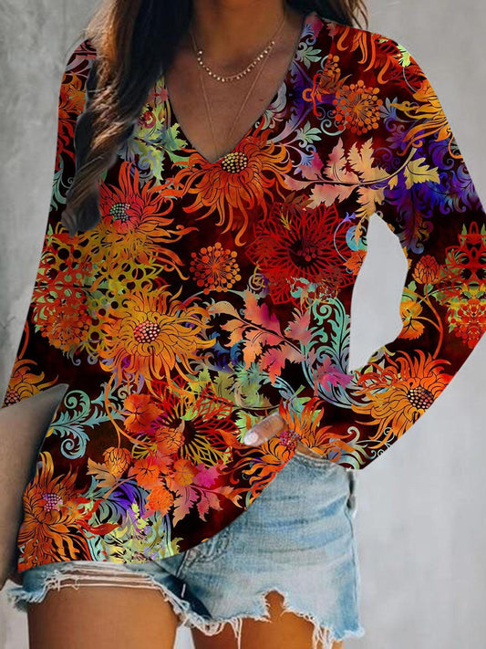 Flower Print V-Neck Long Sleeve Top