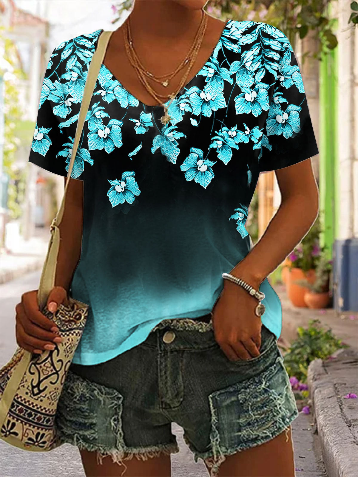 Floral Gradient Print V-Neck Top