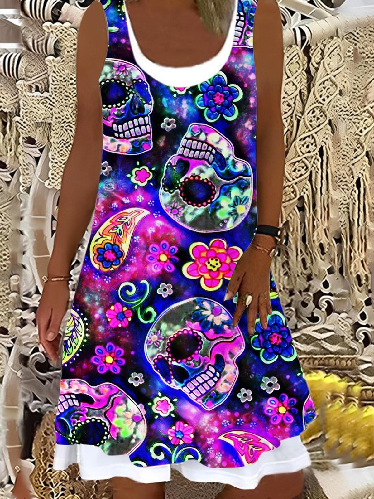 Vintage Flower Skull Ladies False Two Dress