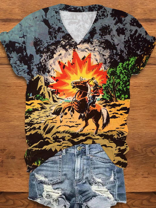 Vintage Cowboy Fight V-Neck T-Shirt