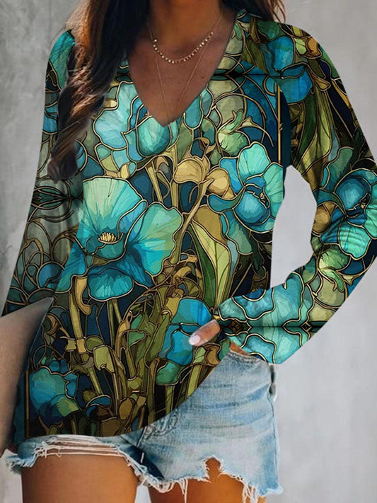 Women's Art Floral Print V-Neck Long Sleeve Top
