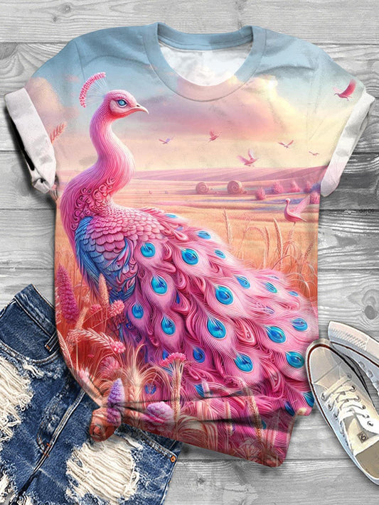 Peacock Print Crew Neck T-shirt