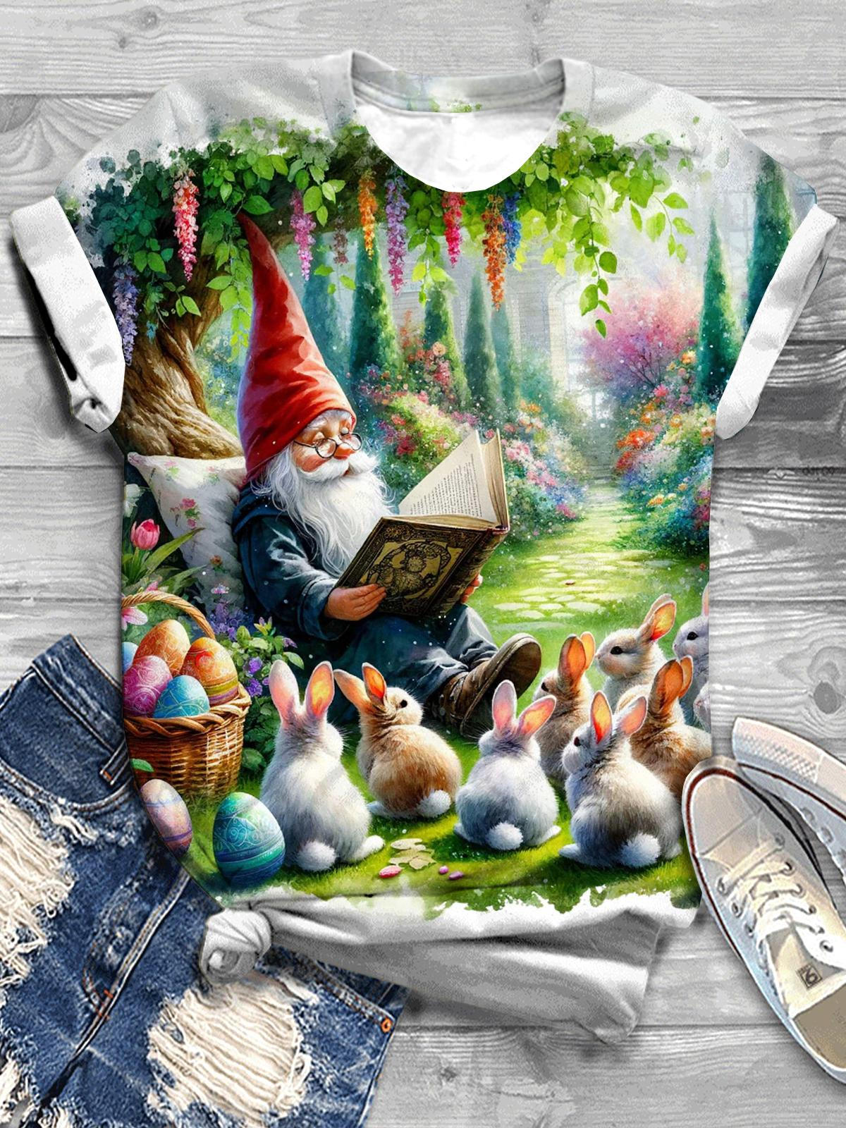 Easter Gnomes And Bunny Print Crew Neck T-shirt