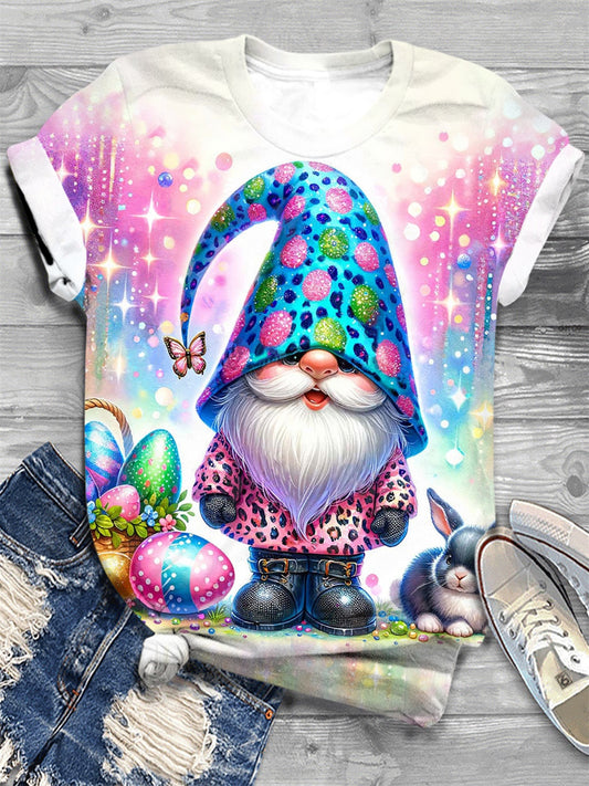 Easter Day Gnome Print Crew Neck T-Shirt