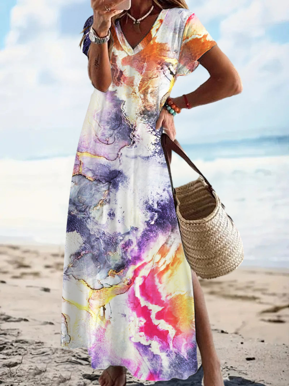 Abstract Pattern Short Sleeve V Neck Maxi Dress