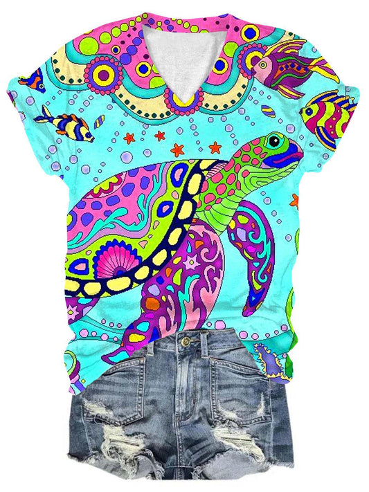 Women's Turtle Print Short Sleeve V-Neck T-Shirt