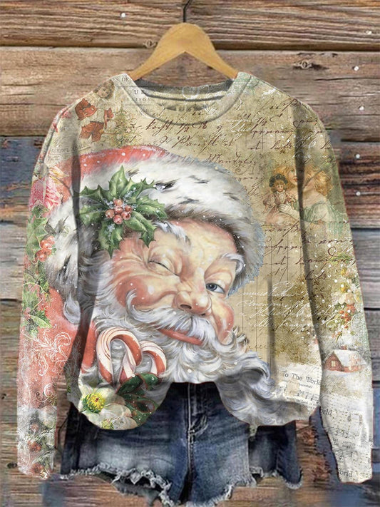 Women's Vintage Santa Print Crew Neck Long Sleeve Top