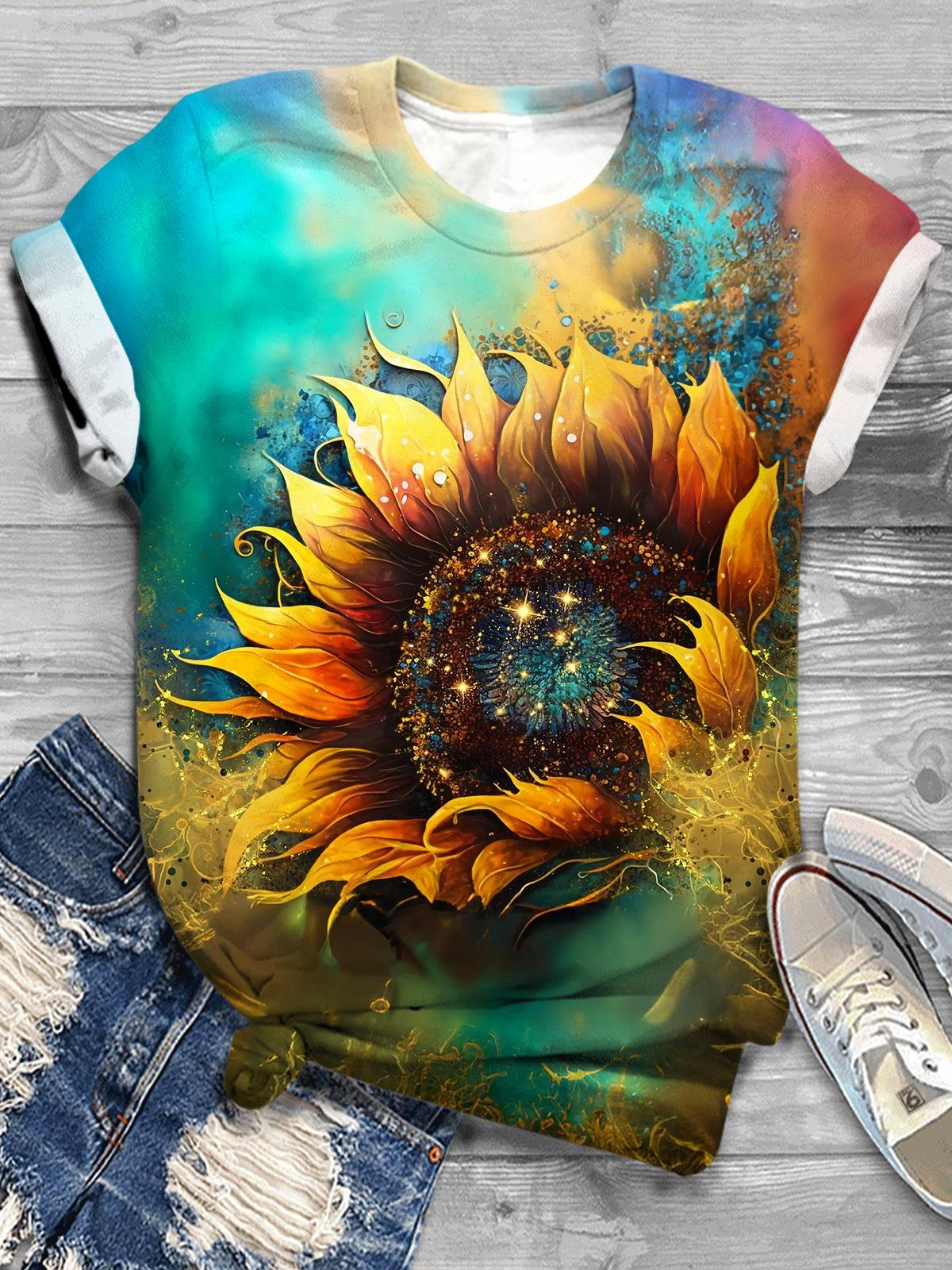 Rainbow Color Sunflower Crew Neck T-shirt