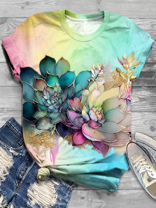 Succulent Garden Print Crew Neck T-shirt