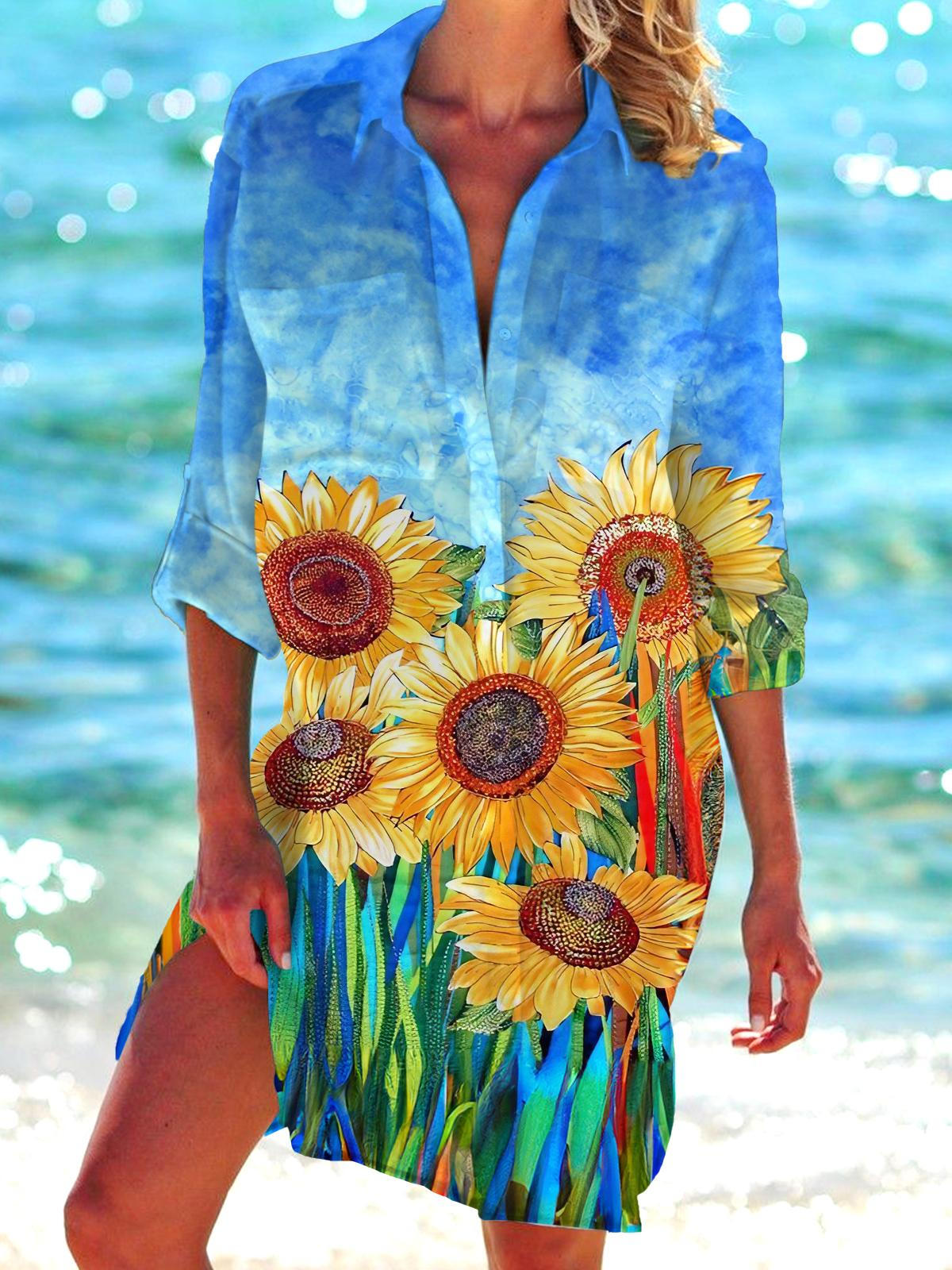 Sunflower Print Long Sleeve Beach Shirt Dress