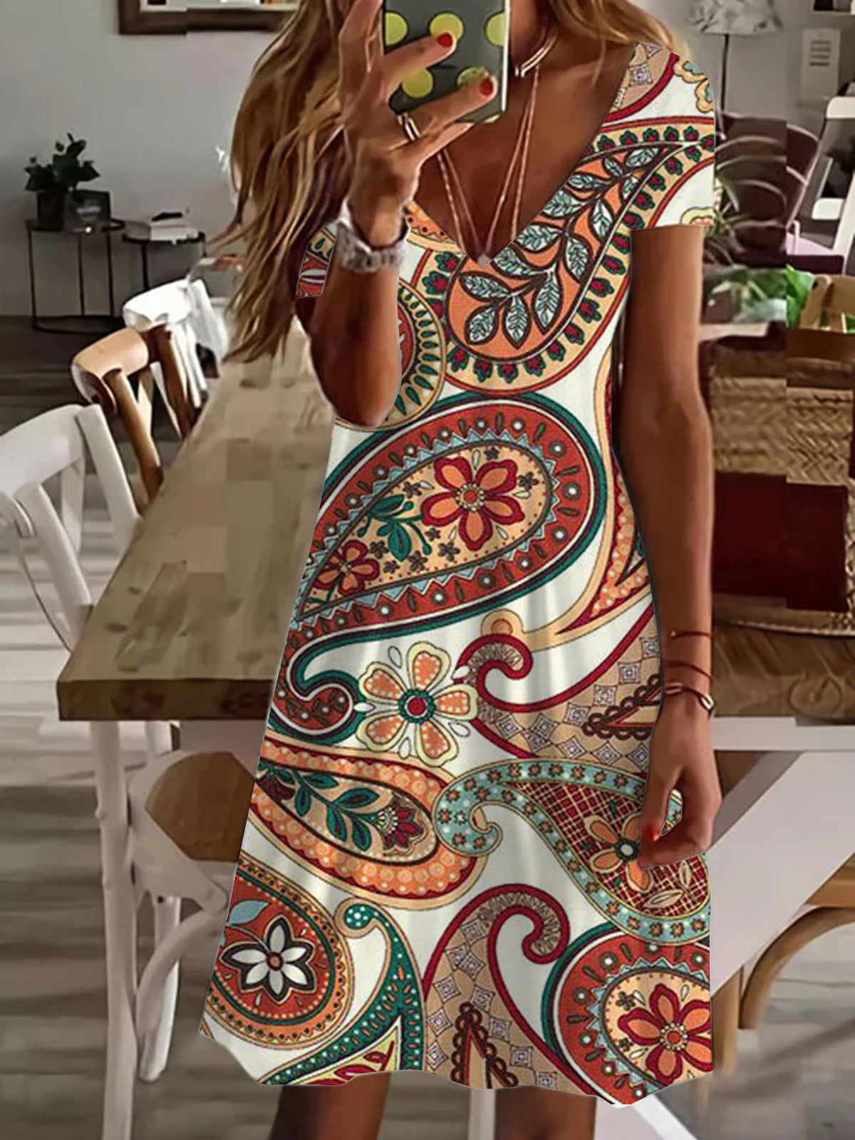 Bohemian Paisley Print V Neck Short Sleeve Dress