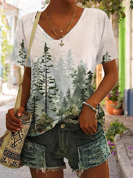 Forest Print V Neck T-Shirt