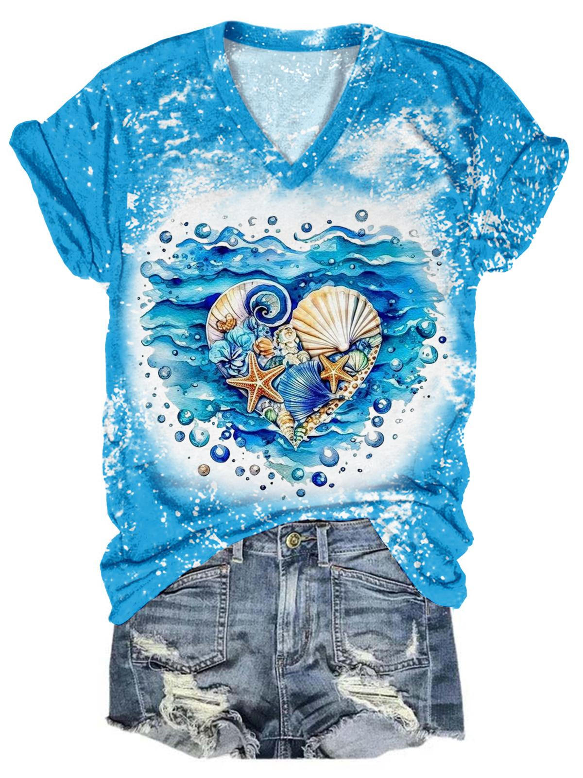 Sea Shell Heart Tie Dye V-Neck T-Shirt