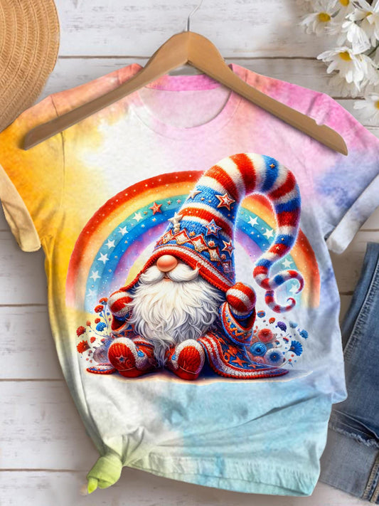 Rainbow Star Stripes Gnome Crew Neck T-shirt