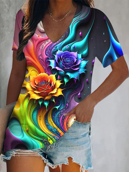 Colorful Roses Print Short Sleeve V Neck Print Top