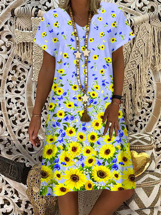 Gradient Sunflower Butterfly V Neck Short Sleeve Dress