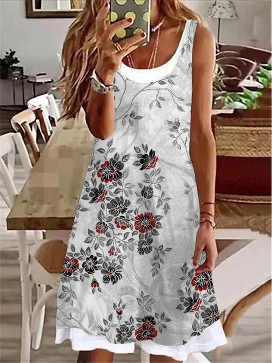 Floral Print Ladies False Two Dress