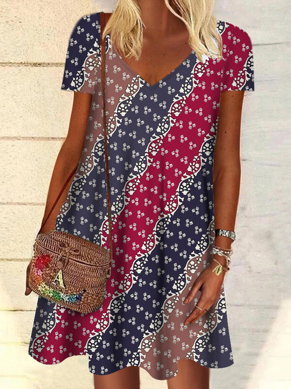 Colorblock Print V Neck Short Sleeve Dress – Jowamy