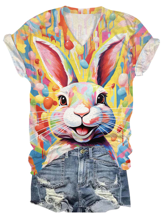 Easter Bunny Print V-Neck Short Sleeve T-Shirt