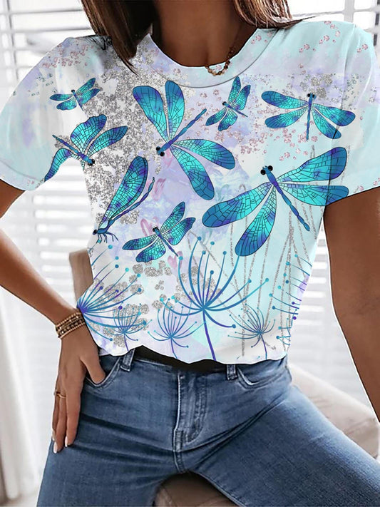 Dragonfly Print Crew Neck T-shirt