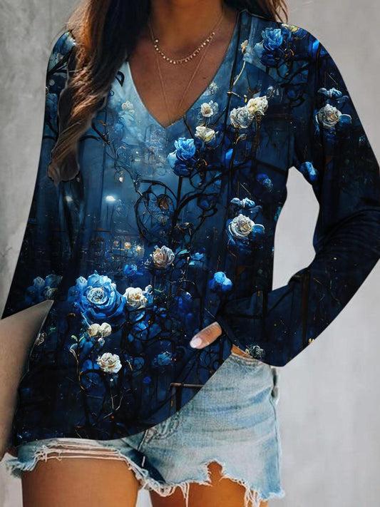 Women's Floral Print V Neck Long Sleeve Top