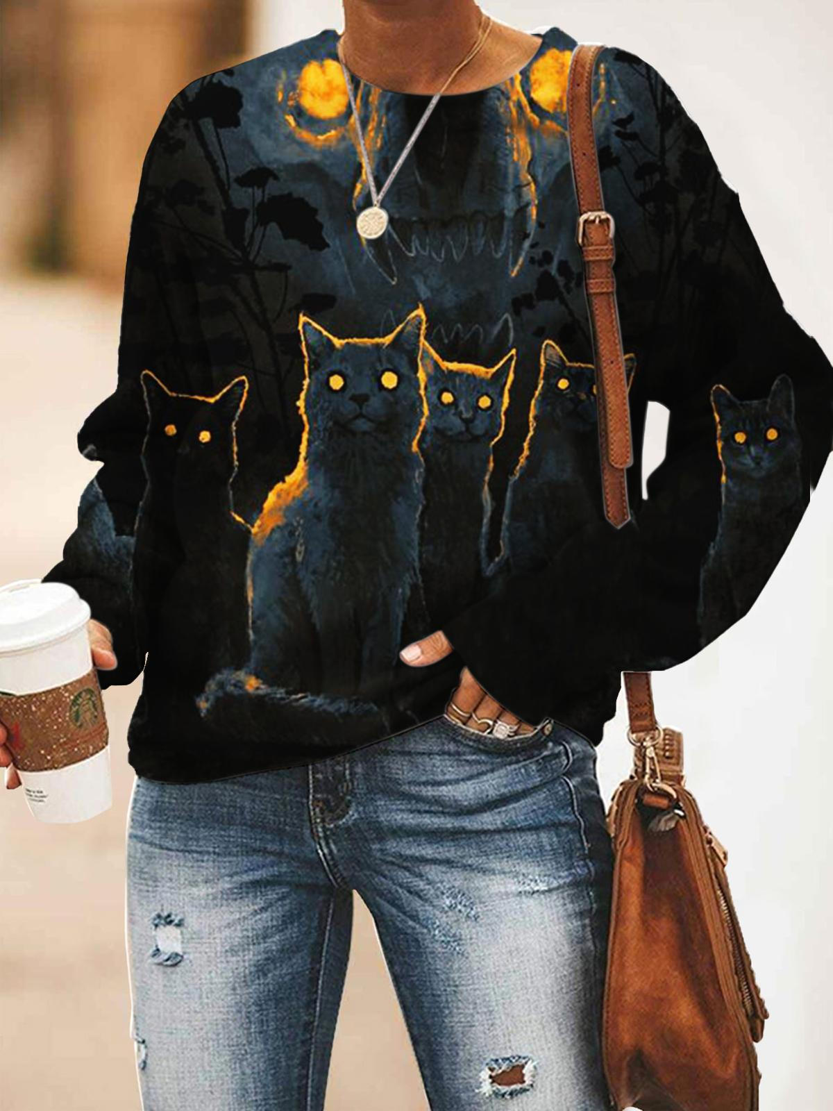 Women's Cat Print Round Neck Long Sleeve Top